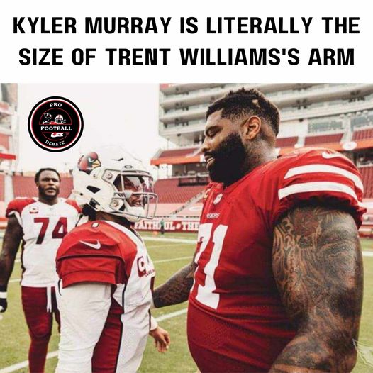 Tiny fella meets massive human!  #NFL #Football #NFLFootball #NFLNews #NFLMemes #Sports #XZEmpire #XZSports #KylerMurray #TrentWilliams #49ers #AZCardinals